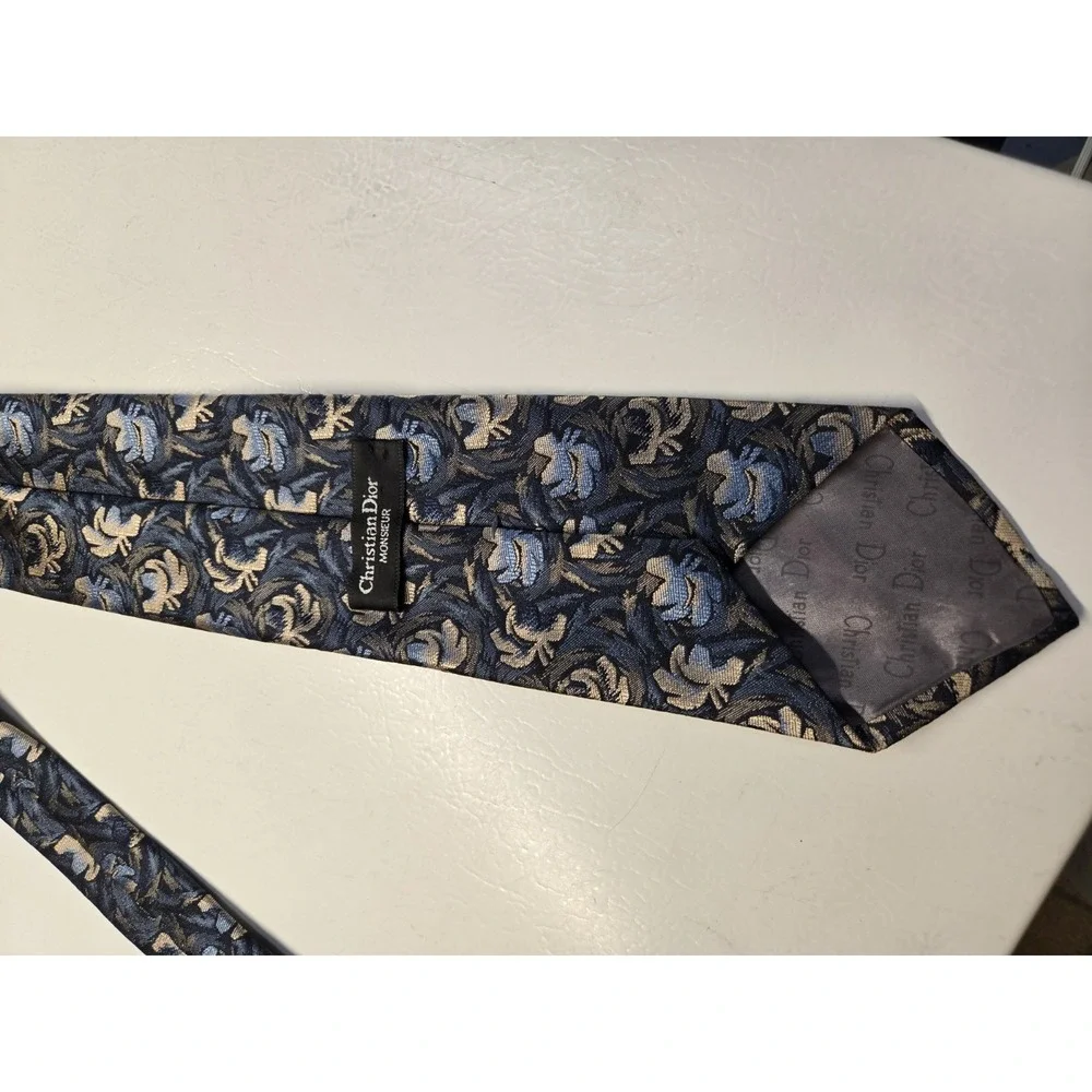 Christian Dior Monsieur Necktie Brown Blue Floral Abstract Pattern Men's Tie